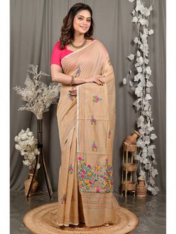 DipDiya - Light Brown Daki Kantha Saree with Unstitched Blouse