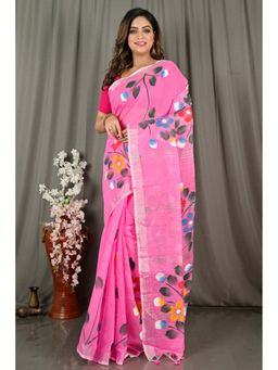 DipDiya - Pink Traditional Bengali Hand Painted Saree with Unstitched Blouse