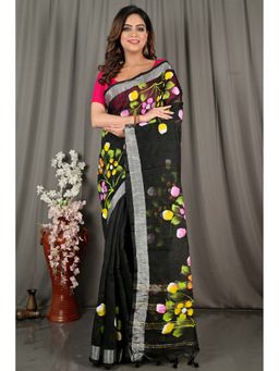 DipDiya - Black Traditional Bengali Hand Painted Saree with Unstitched Blouse