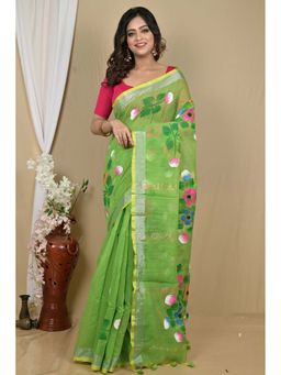 DipDiya - Green Traditional Bengali Hand Painted Saree with Unstitched Blouse