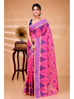 DipDiya - Pink Pure Cotton Traditional Bengal Kamala Tant Saree with Unstitched Blouse