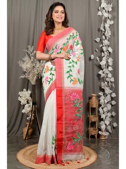 DipDiya - White Traditional Bengali Deeps Hand Painted Saree with Unstitched Blouse