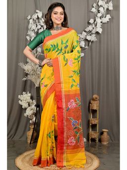 DipDiya - Yellow Traditional Bengali Deeps Hand Painted Saree with Unstitched Blouse
