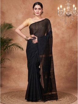 DipDiya - Black Traditional Bengal Handloom Saree with Unstitched Blouse