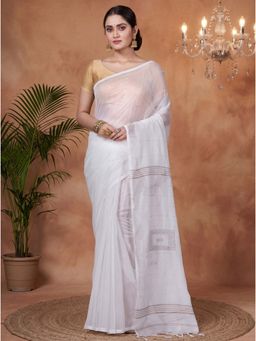 DipDiya - White Traditional Bengal Handloom Saree with Unstitched Blouse
