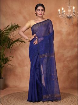 DipDiya - Naby Blue Traditional Bengal Handloom Saree with Unstitched Blouse