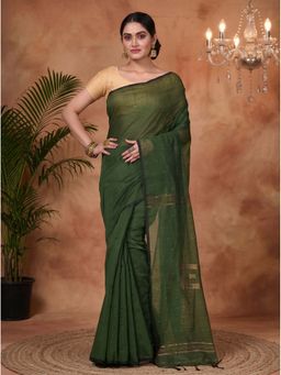 DipDiya - Dark Green Traditional Bengal Handloom Saree with Unstitched Blouse