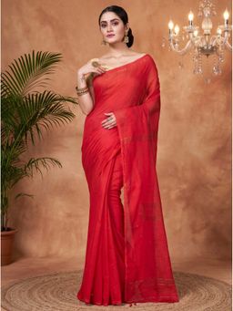 DipDiya - Red Handloom Saree with Unstitched Blouse