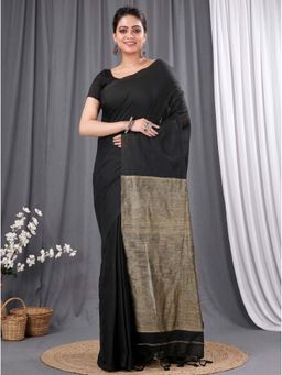 DipDiya - Black Traditional Bengal Kesh Than Handloom Saree with Unstitched Blouse