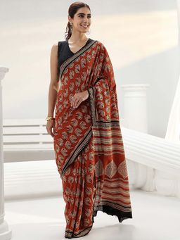 Libas - Rust Motif Printed Saree with Unstitched Blouse