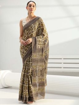 Libas - Green Floral Printed Saree with Unstitched Blouse
