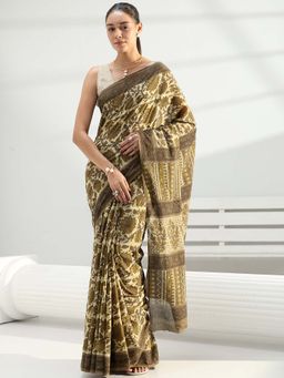 Libas - Green Floral Printed Saree with Unstitched Blouse