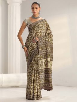 Libas - Green Floral Printed Saree with Unstitched Blouse