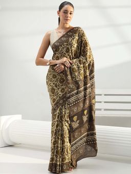 Libas - Green Floral Printed Saree with Unstitched Blouse