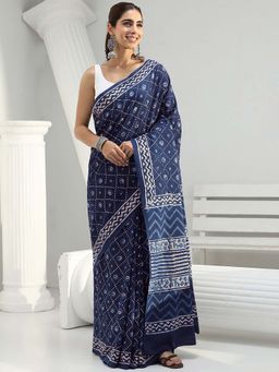 Libas - Navy Blue Bandhani Printed Saree with Unstitched Blouse