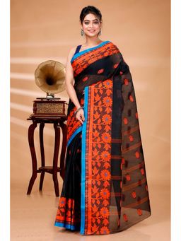 DipDiya - Black Pure Cotton Traditional Bengal Fulop Tant Saree with Unstitched Blouse