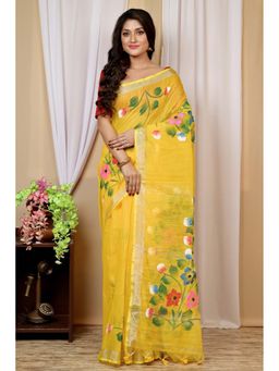 DipDiya - Yellow Traditional Bengali Hand Painted Saree with Unstitched Blouse