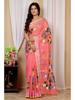 DipDiya - Peach Traditional Bengali Hand Painted Saree with Unstitched Blouse