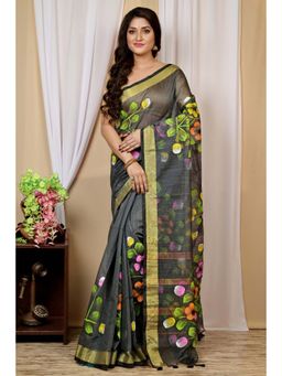 DipDiya - Dark Green Traditional Bengali Hand Painted Saree with Unstitched Blouse