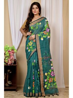 DipDiya - Green Traditional Bengali Hand Painted Saree with Unstitched Blouse
