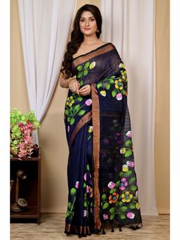 DipDiya - Navy Blue Traditional Bengali Hand Painted Saree with Unstitched Blouse
