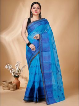 DipDiya - Blue Pure Cotton Traditional Bengal Aloka Tant Saree with Unstitched Blouse