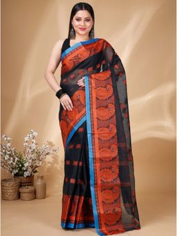 DipDiya - Black Pure Cotton Traditional Bengal Aloka Tant Saree with Unstitched Blouse