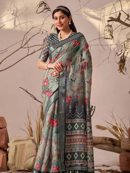 Odette - Grey Silk Blend Printed Saree with Unstitched Blouse