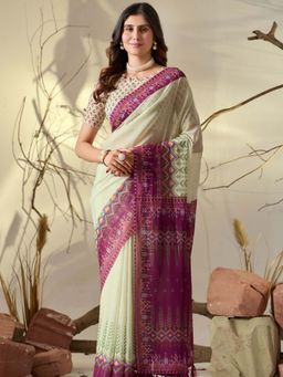 Odette - Off White Silk Blend Printed Saree with Unstitched Blouse
