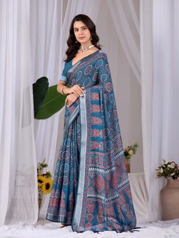 Odette - Teal Blue Silk Blend Printed Saree with Unstitched Blouse