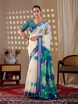Odette - White Silk Blend Printed Saree with Unstitched Blouse