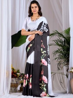 Odette - White and Black Satin Saree with Unstitched Blouse