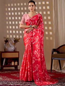 Odette - Red Satin Saree with Unstitched Blouse