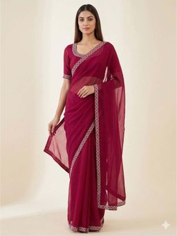 Odette - Red Silk Blend Printed Saree with Unstitched Blouse