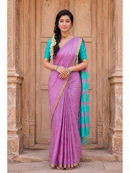 Anjaneya Sarees - Purple Cotton Silk Kanjivaram Saree with Unstitched Blouse