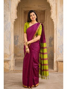 Anjaneya Sarees - Maroon Cotton Silk Kanjivaram Saree with Unstitched Blouse