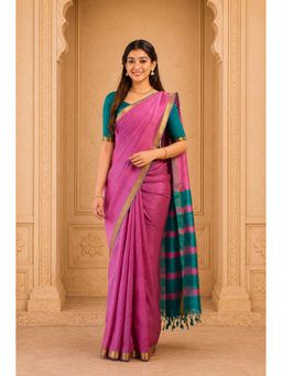 Anjaneya Sarees - Pink Cotton Silk Kanjivaram Saree with Unstitched Blouse