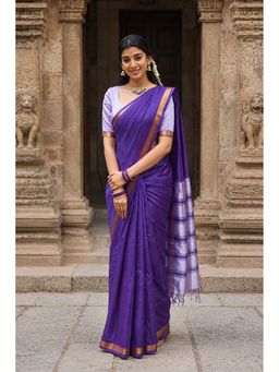 Anjaneya Sarees - Purple Cotton Silk Kanjivaram Saree with Unstitched Blouse