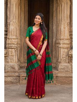 Anjaneya Sarees - Red Cotton Silk Kanjivaram Saree with Unstitched Blouse