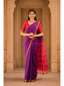 Anjaneya Sarees - Wine Cotton Silk Kanjivaram Saree with Unstitched Blouse