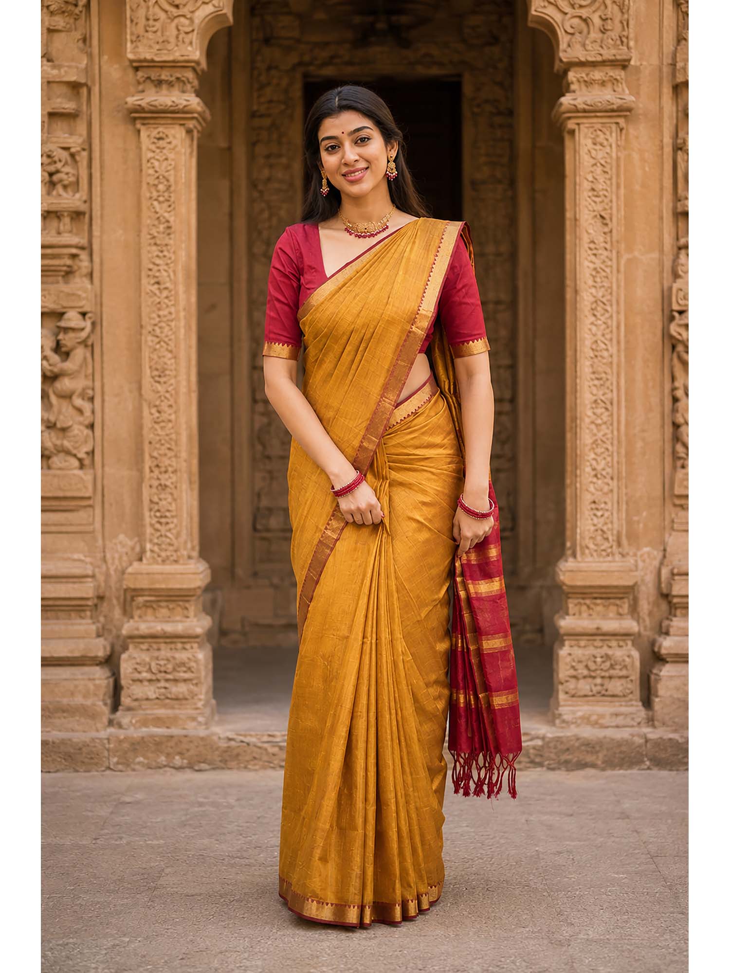 anjaneya sarees Yellow Cotton Silk Kanjivaram Saree with Unstitched Blouse-picture-7