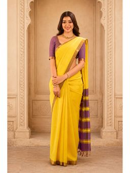 Anjaneya Sarees - Yellow Cotton Silk Kanjivaram Saree with Unstitched Blouse