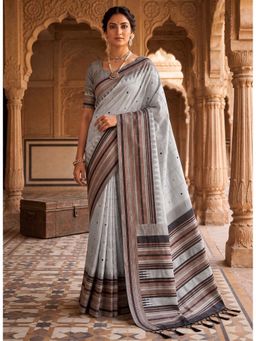 Anjaneya Sarees - Grey-Black Banarasi Silk Kanjivaram Saree with Unstitched Blouse