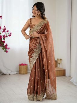 PMD FASHION - Womens Silk Brown Embellished Designer Saree with Unstitched Blouse
