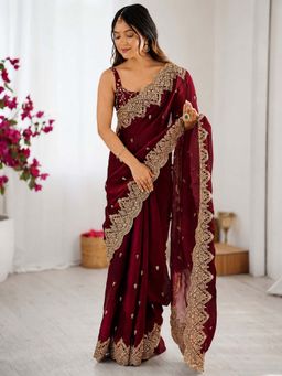 PMD FASHION - Womens Silk Maroon Embellished Designer Saree with Unstitched Blouse