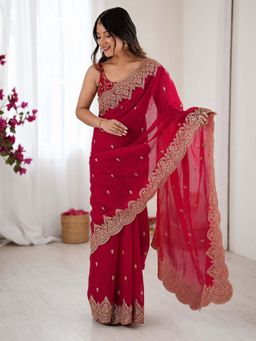 PMD FASHION - Womens Silk Rani Embellished Designer Saree with Unstitched Blouse