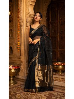 AMRUTKALA SAREES - Black Cotton Silk Kanjivaram Saree with Unstitched Blouse