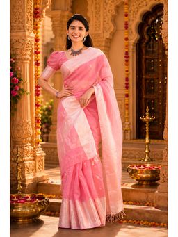 AMRUTKALA SAREES - Pink Cotton Silk Kanjivaram Saree with Unstitched Blouse