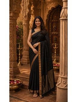 AMRUTKALA SAREES - Black Cotton Silk Kanjivaram Saree with Unstitched Blouse