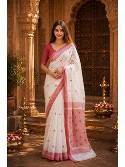 AMRUTKALA SAREES - White Cotton Silk Kanjivaram Saree with Unstitched Blouse